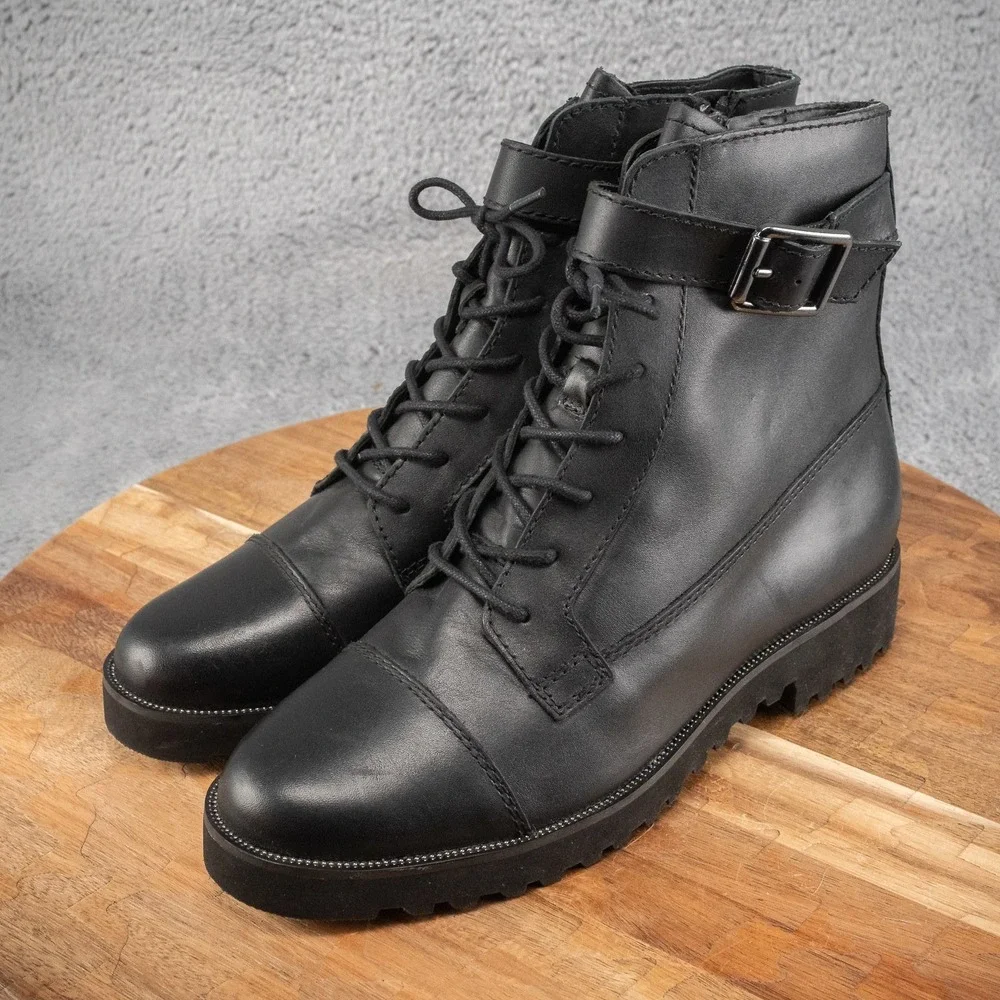 Franco Sarto Shoes Women's 6M Black Ankle Boots Carlson Lace‎ Up Leather Buckle